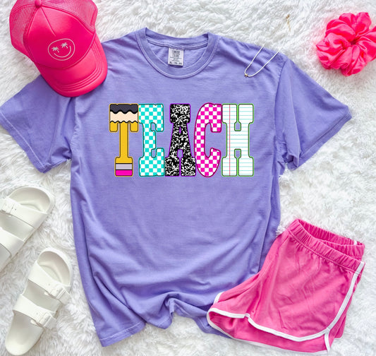 **Back To School** Checkered & Pencil Teach Violet Tee