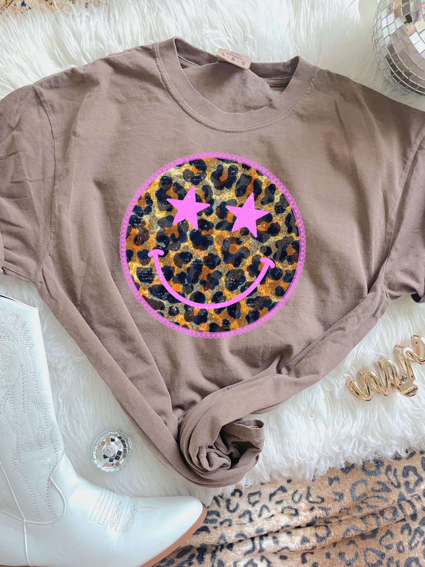 Brown Leopard Star Smiley Espresso Tee