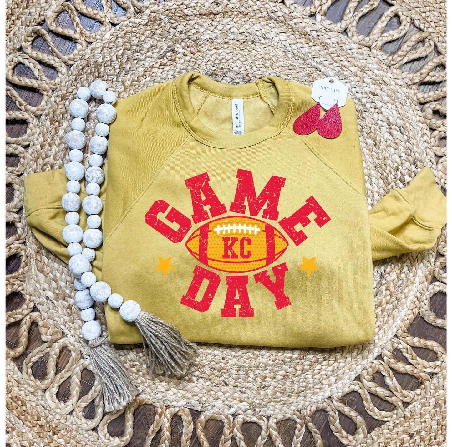 Distressed Game Day KC Football Mustard Sweatshirt