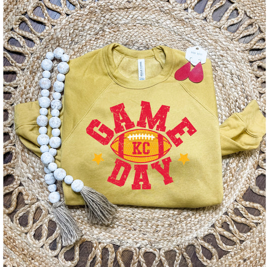 Distressed Game Day KC Football Mustard Sweatshirt