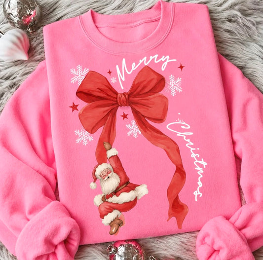 **CHRISTMAS IN JULY** Merry Christmas Santa Ribbon Neon Pink Sweatshirt