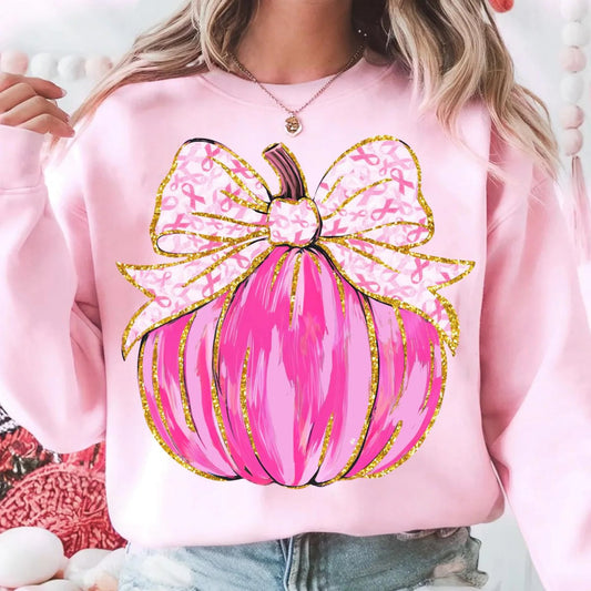 Painted Pink Ribbon Bow Pumpkin Light Pink Sweatshirt