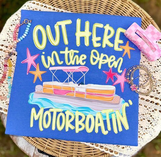 **DEAL OF THE DAY** Out Here In The Open Motorboatin Flo Blue Tee