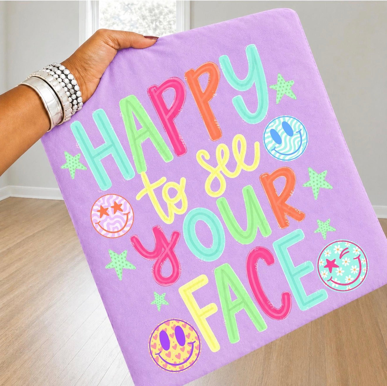 **BACK TO SCHOOL** Multi Smiley Happy To See Your Face Neon Violet Tee