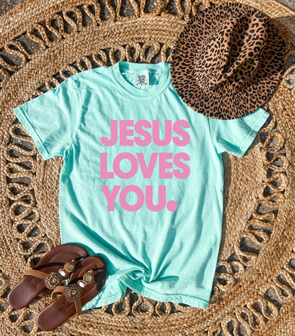 **Adult & Kids Size** Bright Pink Jesus Loves You Island Reef Tee