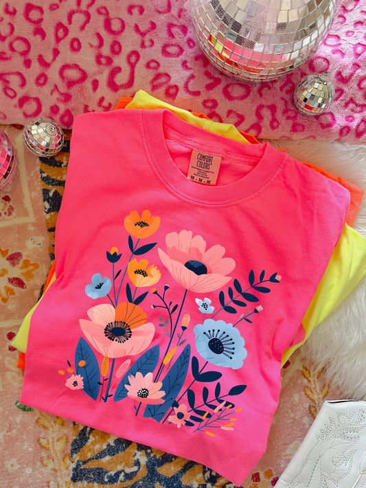 Pink & Blue Floral Design Neon Pink Tee