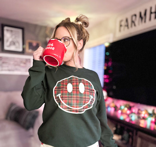 Red & Green Plaid Smiley Face Forest Sweatshirt