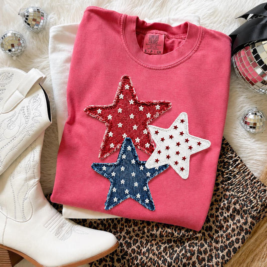 Faux Patchwork Triple Stars Crimson Tee