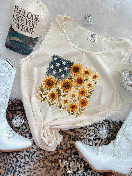 **DEAL OF THE DAY** Stars & Sunflower Flag Ivory Tee/Tank Option
