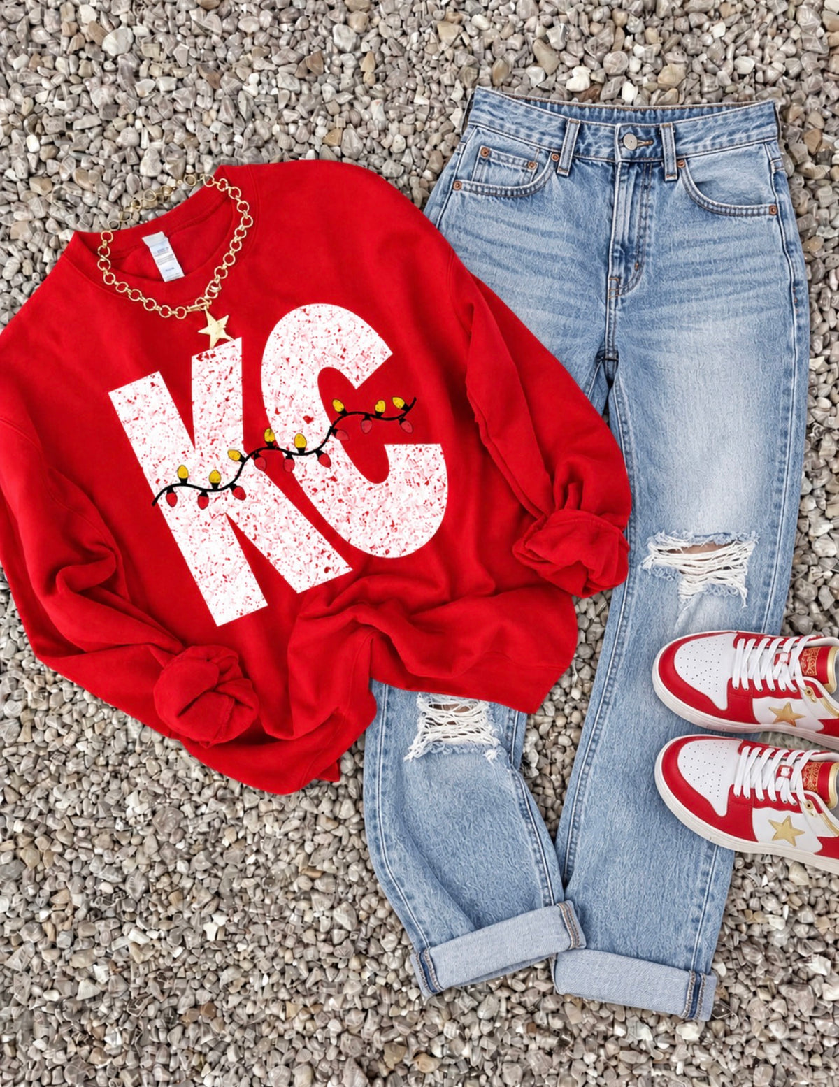 **HALFTIME DEAL** Distressed KC Block Christmas Lights Red Sweatshirt **FINAL SALE**