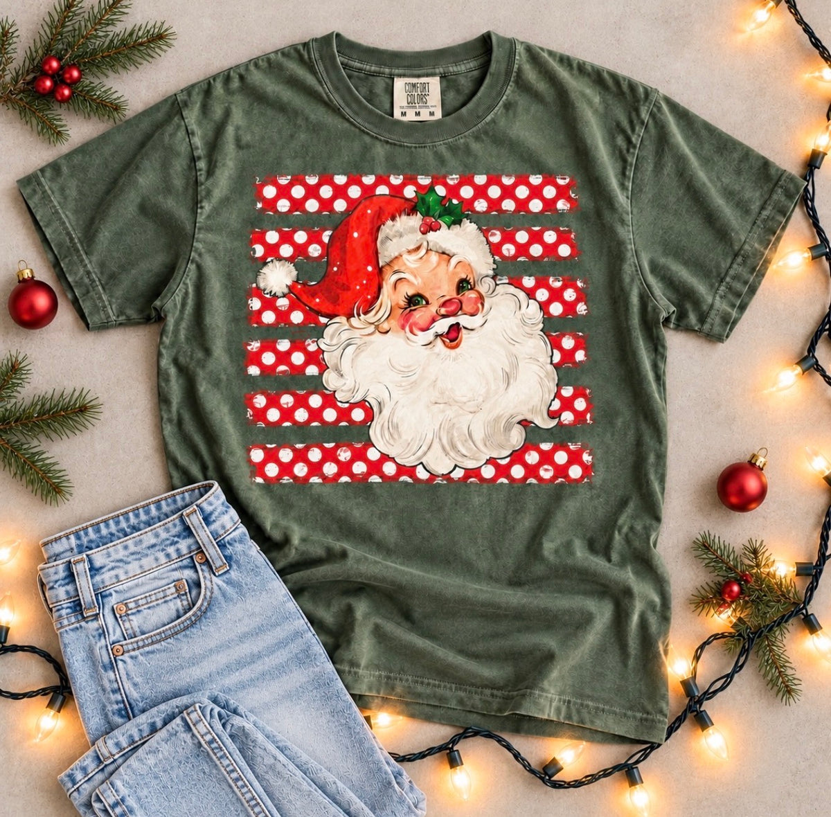 Red Striped & Polka Dot Santa Moss Tee