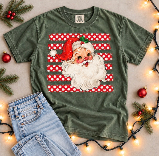 Red Striped & Polka Dot Santa Moss Tee