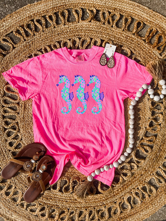 Triple Seahorse Neon Pink Tee