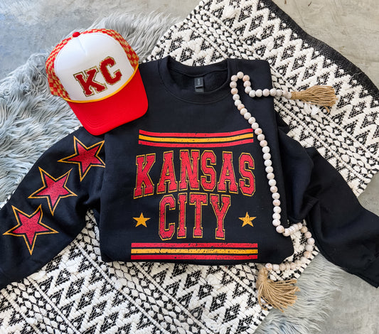 Vintage Star Stripe Kansas City & Star Sleeve Black Sweatshirt