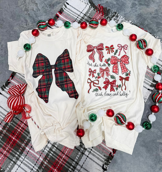**CHRISTMAS IN JULY** Bow Natural Short Sleeve T-Shirt Option