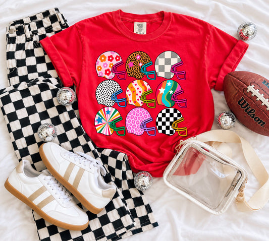 Multi Pattern Football Helmets Collage Red Tee