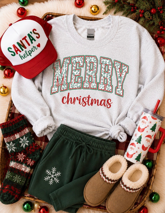 **CHRISTMAS IN JULY** Green Leopard Merry Christmas Ash Sweatshirt