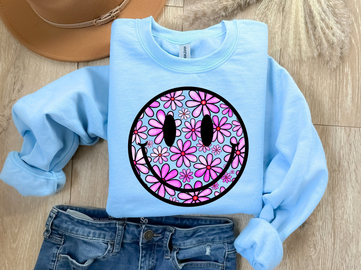 Purple Floral Smiley Face Light Blue Sweatshirt