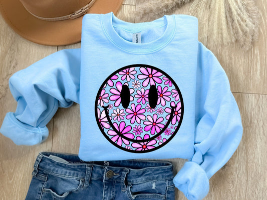 Purple Floral Smiley Face Light Blue Sweatshirt
