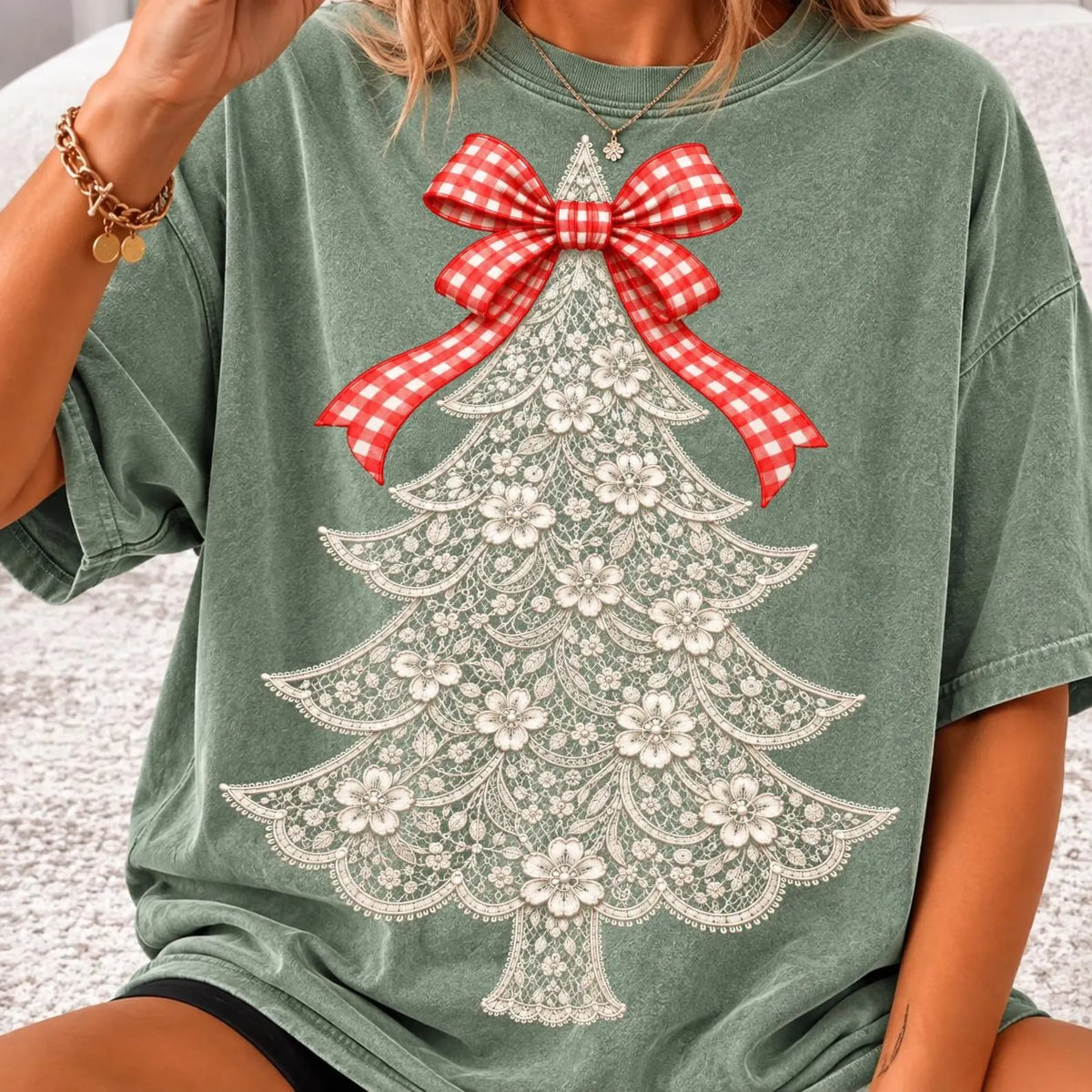 Lace Tree Christmas Checkered Bow Moss Tee