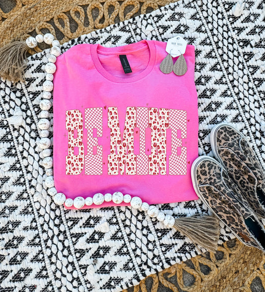 Red Leopard & Checkered Heather Pink Tee