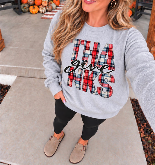 Red & Green Plaid Give Thanks Sports Grey Sweatshirt **FINAL SALE**