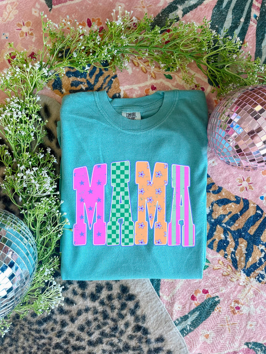 Stars Stripes & Checkered Mama Block Seafoam Tee