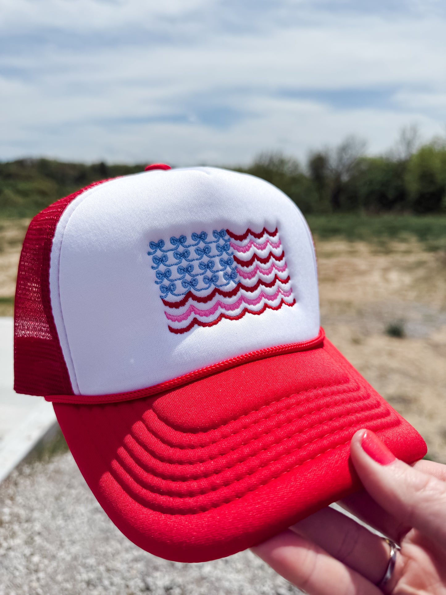 *EMBROIDERED* USA Stripes & Bow Flag Red & White Trucker Hat