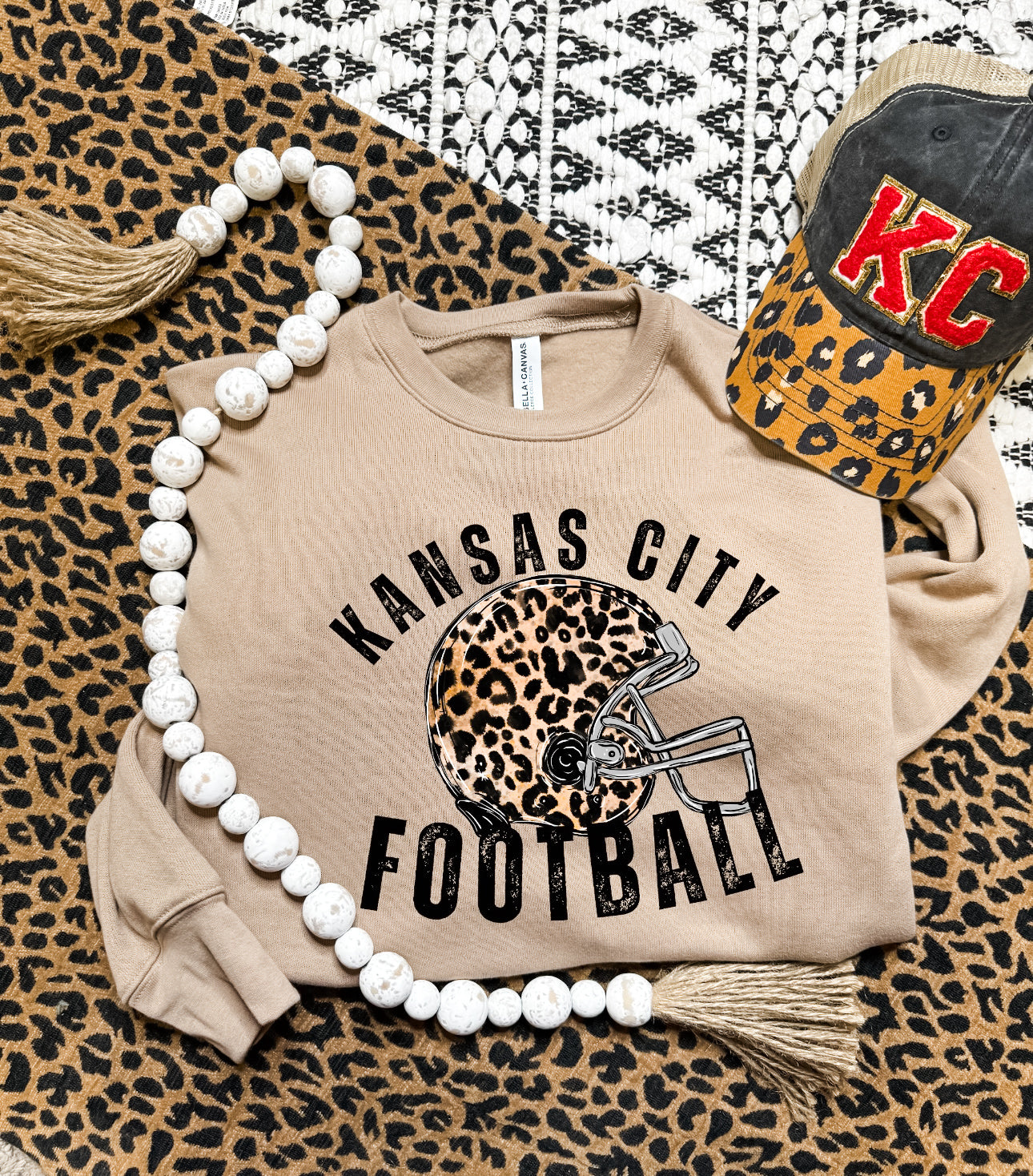 Black Kansas City Football Leopard Helmet Tan Sweatshirt