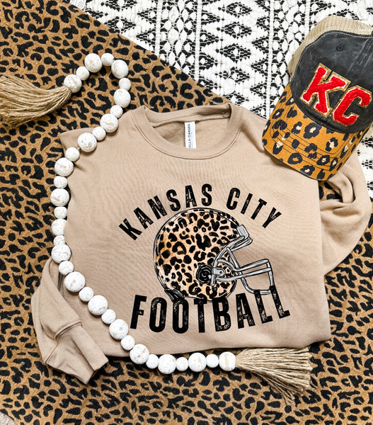 Black Kansas City Football Leopard Helmet Tan Sweatshirt – Olive