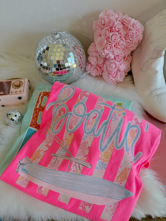 Floral Striped Boatin Script Neon Pink Tee
