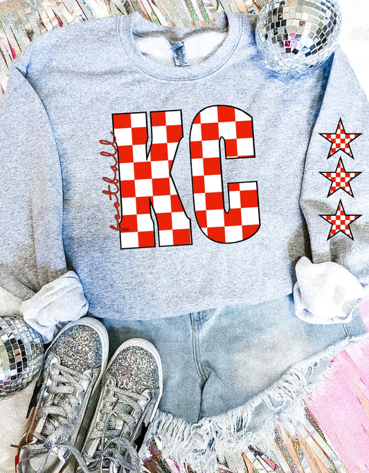 KC Red & White Checkered Football With Red Checkered Star Sleeve Sports Grey Sweatshirt