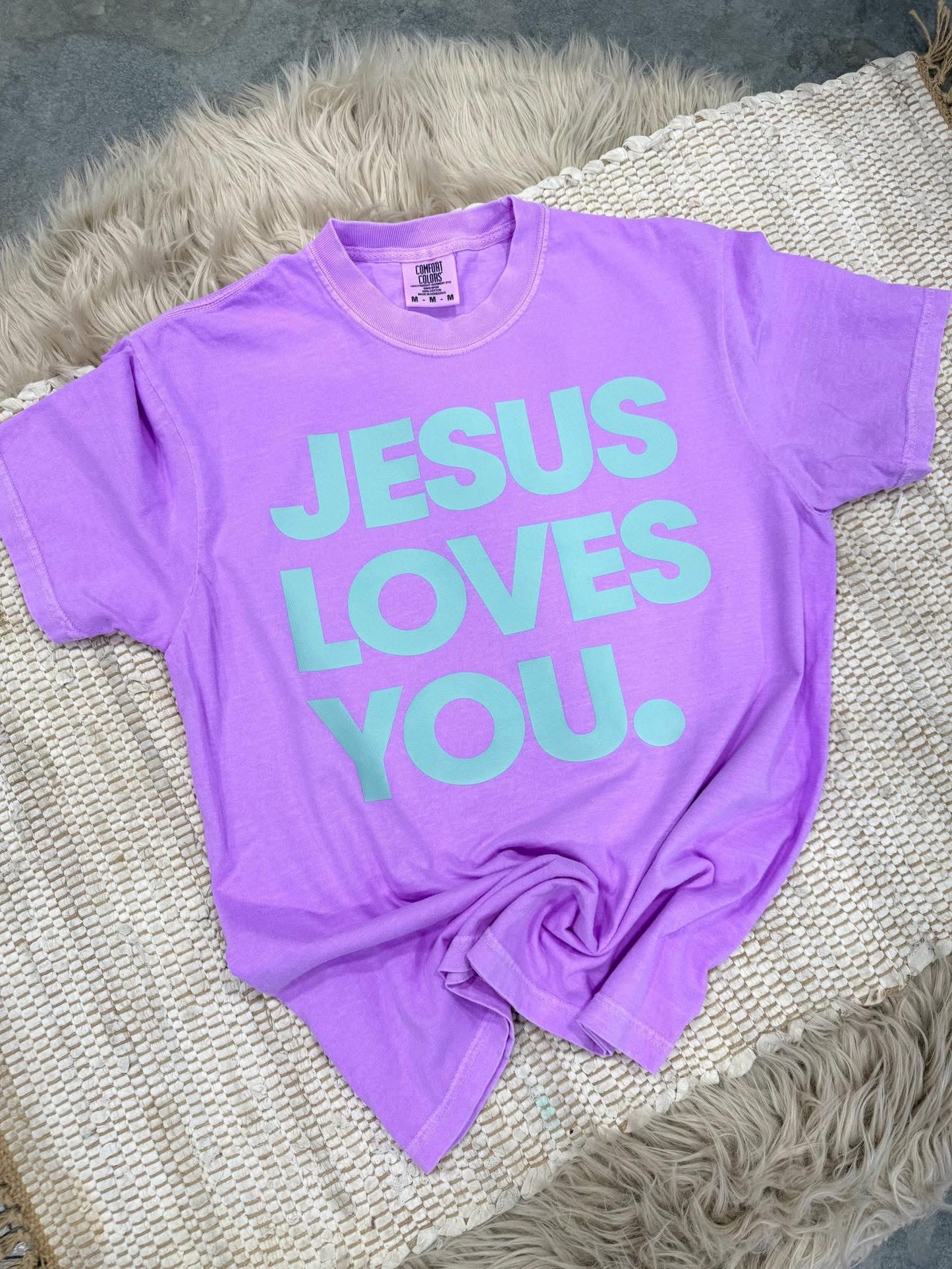 Teal Jesus Loves You Neon Violet Tee