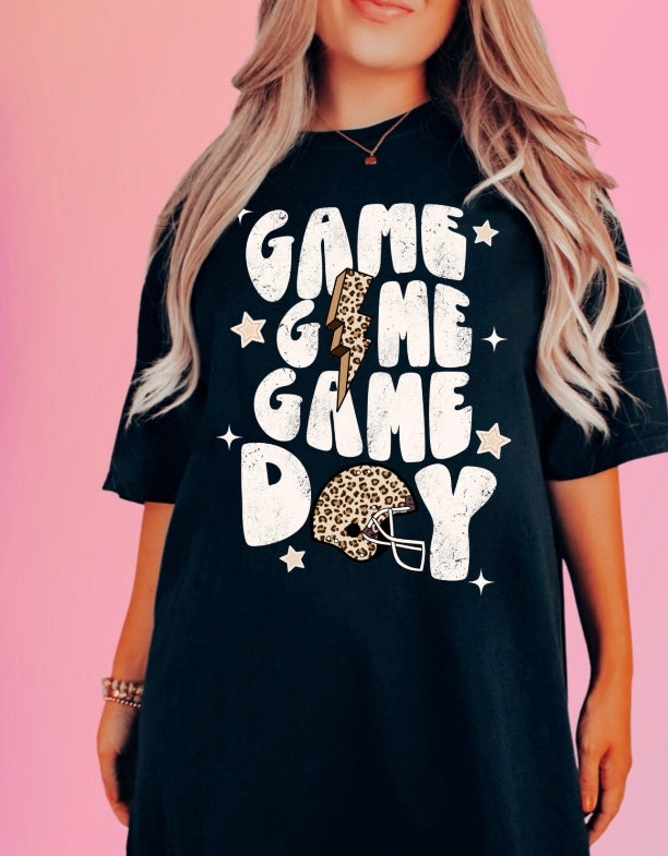 White Game Day Repeat Leopard Helmet Black Tee