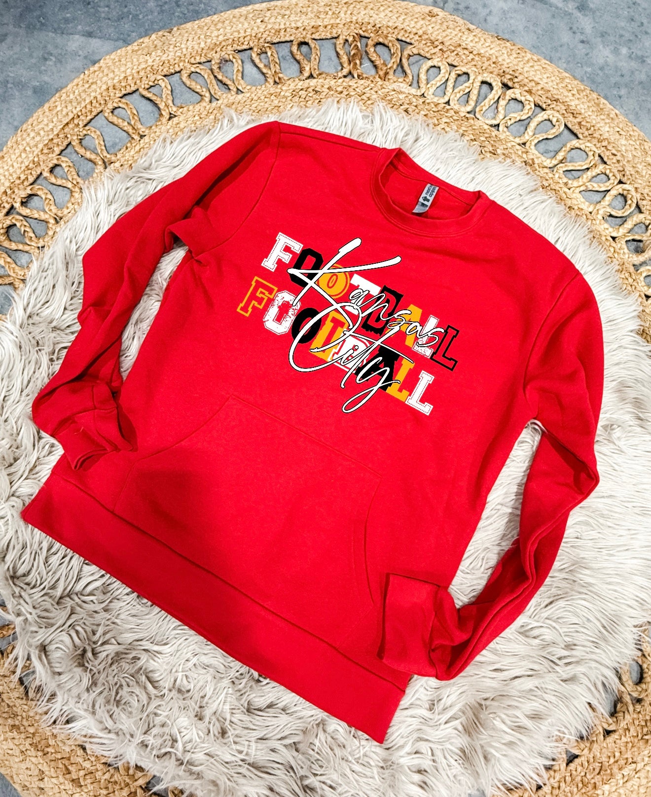 Gold & White Block Letters Kansas City Repeat Football Red Pocket Sweatshirt