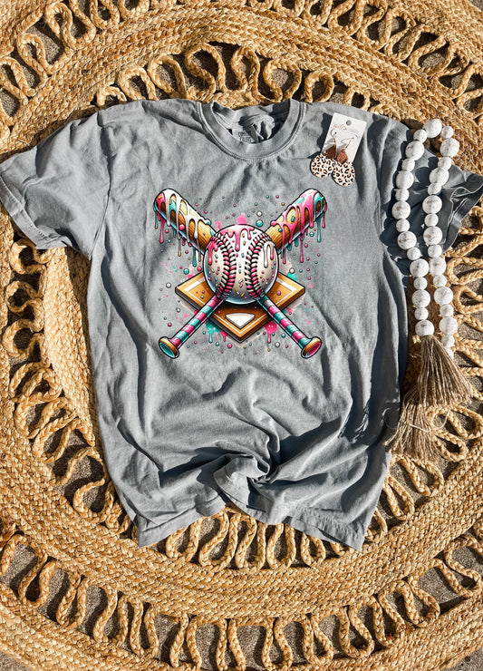 Pink Dripped Crossed Baseballs Grey Tee