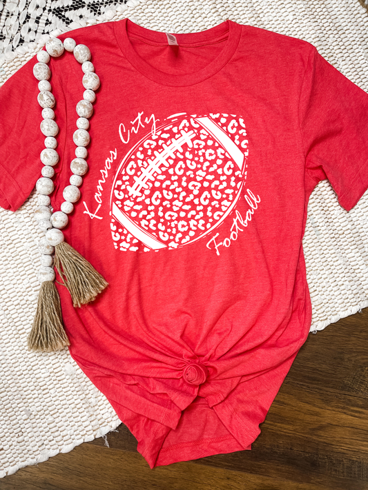 White Kansas City Leopard Football Heather Red Tee