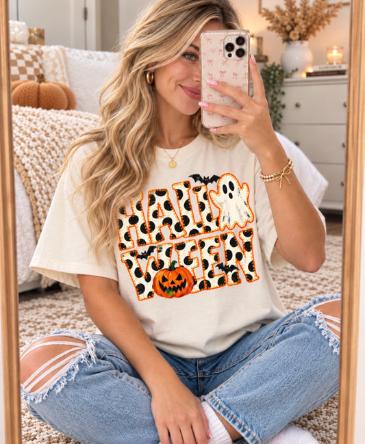 Polka Dot Halloween Ghost & Bats Ivory Tee