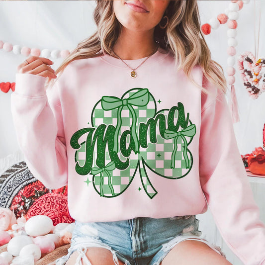 Checkered Mama Ribbon Shamrock Light Pink Sweatshirt