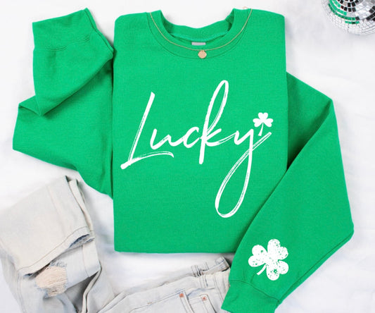 Lucky Script + White Distressed Shamrock Sleeve Irish Green Sweatshirt