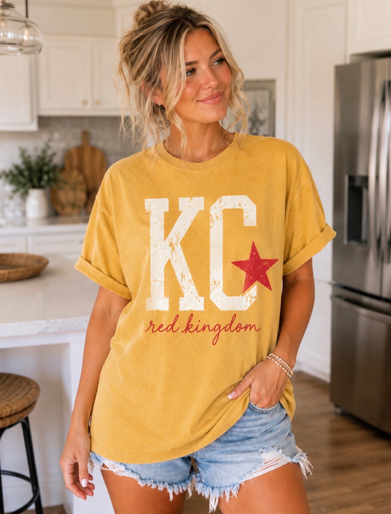 White Distressed KC Red Kingdom Mustard Tee