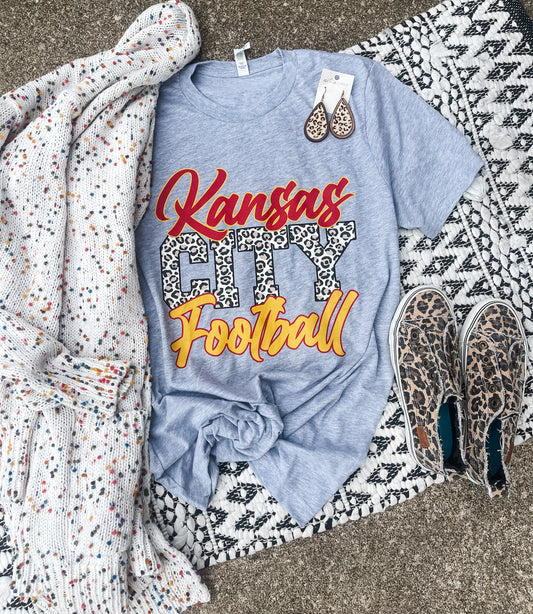 Red Kansas Leopard City Gold Football Heather Grey Tee