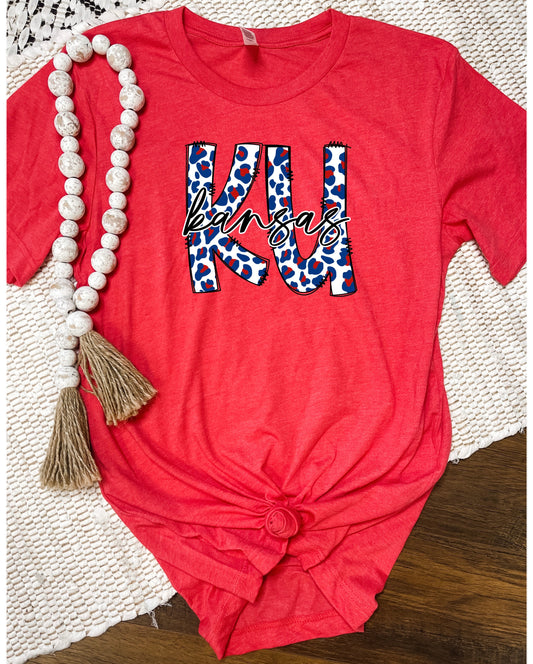 Red & Blue Leopard KU Heather Red Tee