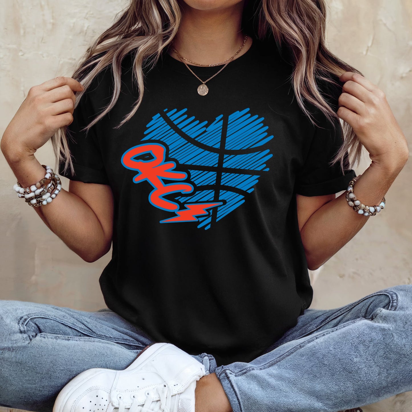 Blue Heart & Red OKC Black Tee