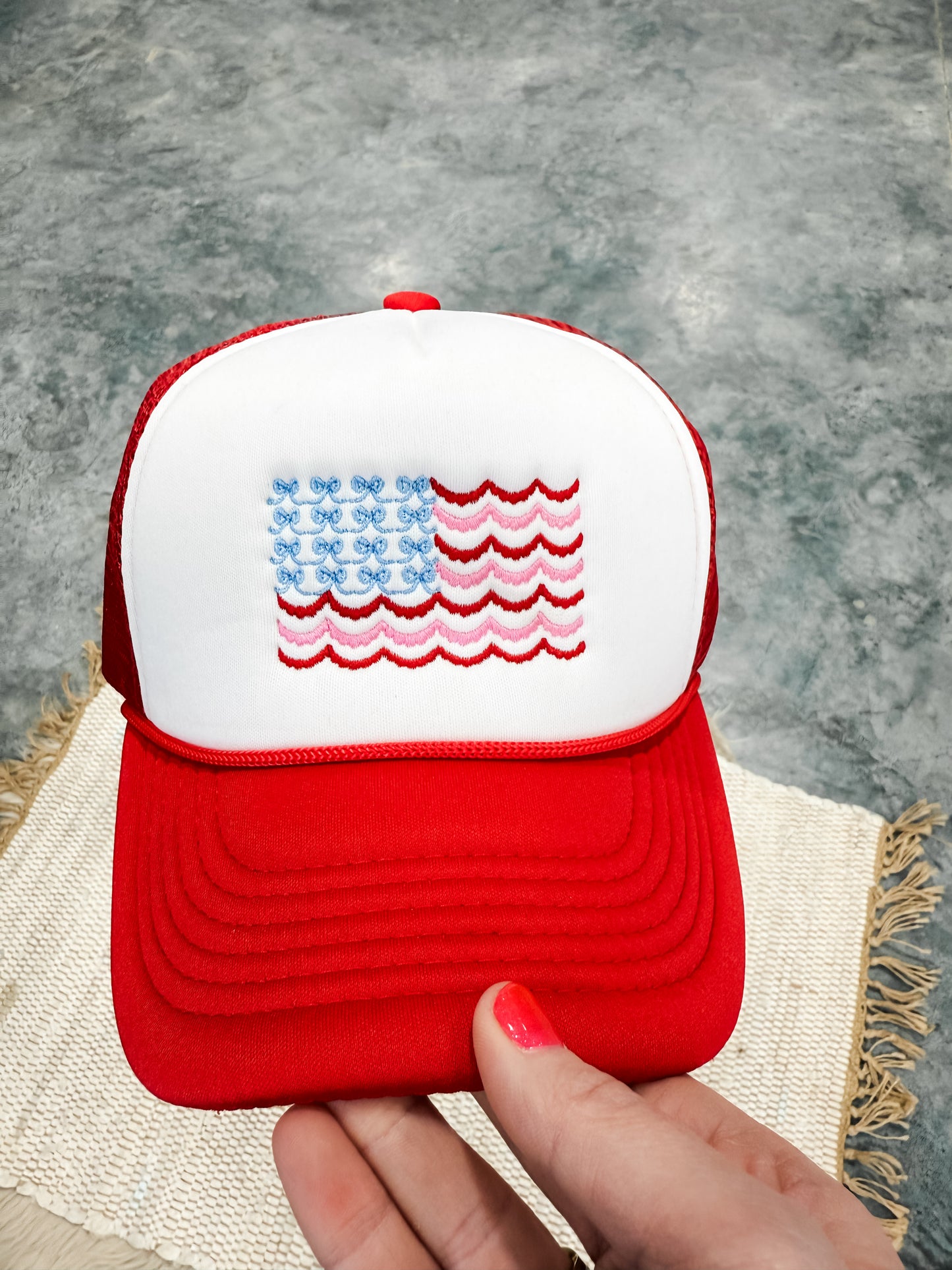 *EMBROIDERED* USA Stripes & Bow Flag Red & White Trucker Hat