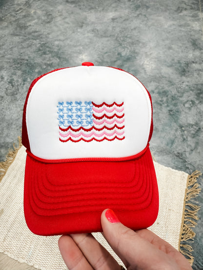 *EMBROIDERED* USA Stripes & Bow Flag Red & White Trucker Hat