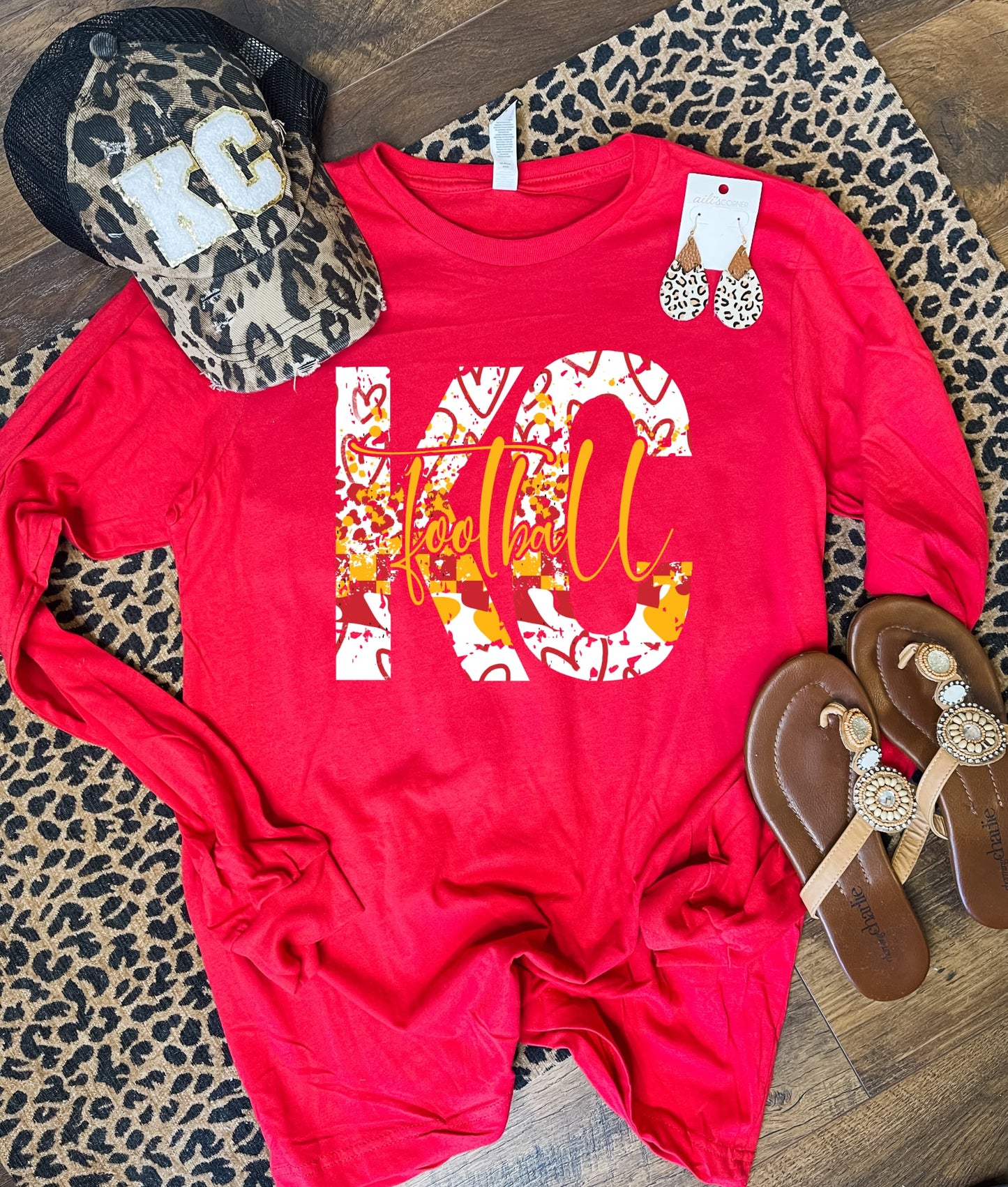 **HALFTIME DEAL** Distressed Leopard Hearts Checker Red Long Sleeve Tee