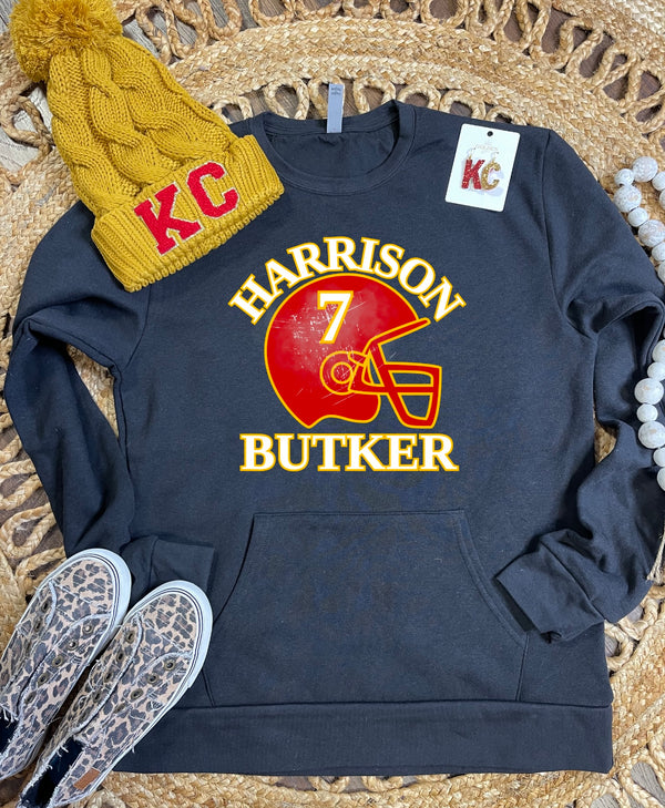 Butker Distressed Helmet Black Pocket Sweatshirt Olive Street