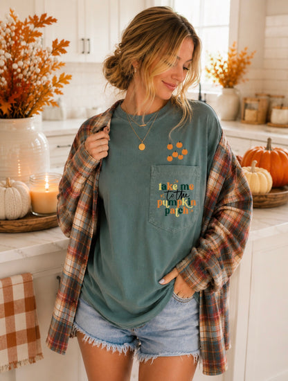Left Pocket Design Meet Me At The Pumpkin Patch Light Green Pocket Tee