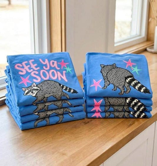FRONT + BACK See You Soon Raccoon Flo Blue Tee